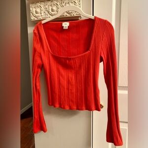 BDG Red Ribbed Long Sleeve Blouse